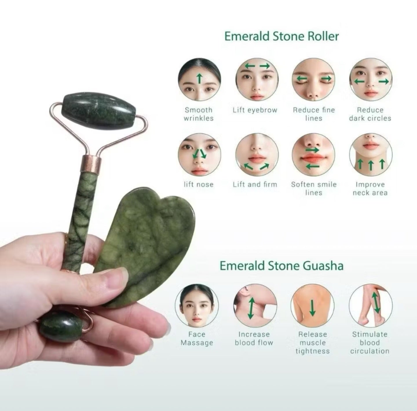 DHERBS EMERALD STONE ROLLER & GUASHA